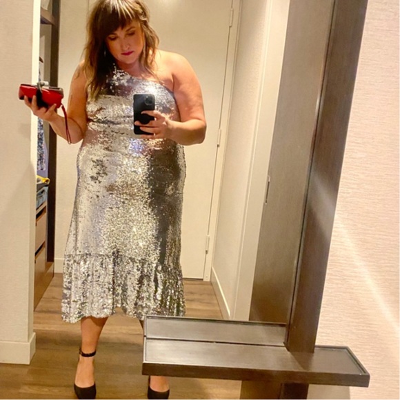 Anthropologie XL Maeve One Shoulder Silver Sequined Midi Dress NWT - Picture 8 of 9